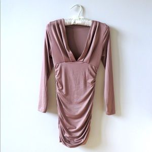 Tan, touched, deep V-neck mini dress